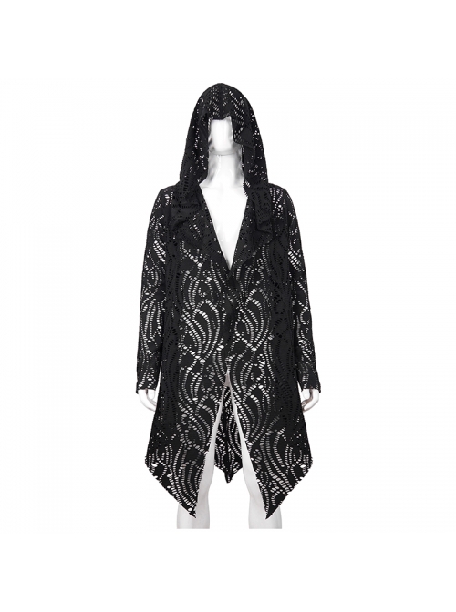 Punk Style Personality Hole Hollow V Neck Pointed Hem Black Long Sleeved Hooded Coat