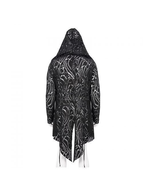 Punk Style Personality Hole Hollow V Neck Pointed Hem Black Long Sleeved Hooded Coat