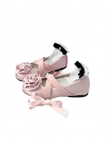 Aesthetic Fabric Rose Ballet Style Retro Rome Sweet Lolita Cross Straps Shallow Mouth Flat Shoes