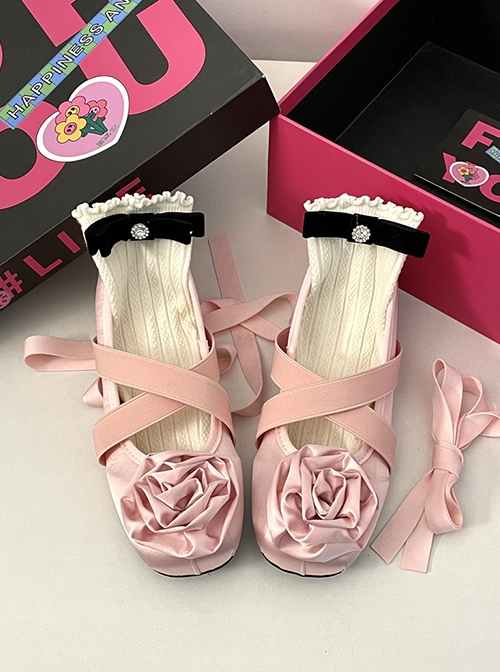 Aesthetic Fabric Rose Ballet Style Retro Rome Sweet Lolita Cross Straps Shallow Mouth Flat Shoes