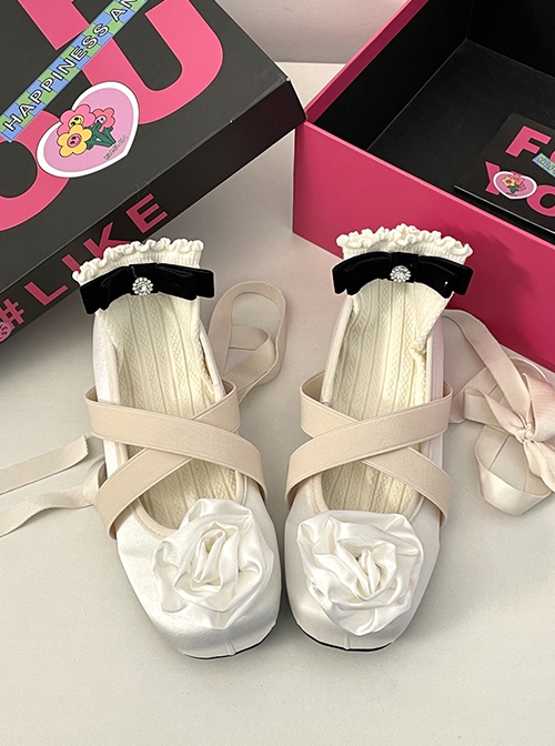 Aesthetic Fabric Rose Ballet Style Retro Rome Sweet Lolita Cross Straps Shallow Mouth Flat Shoes