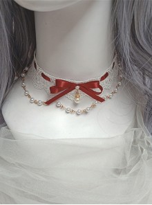 Japanese Style Gorgeous Versatile Satin Lace Ribbon Bowknot Sweet Lolita Pearl Pendant Lace Necklace