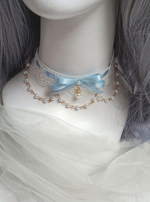 Japanese Style Gorgeous Versatile Satin Lace Ribbon Bowknot Sweet Lolita Pearl Pendant Lace Necklace