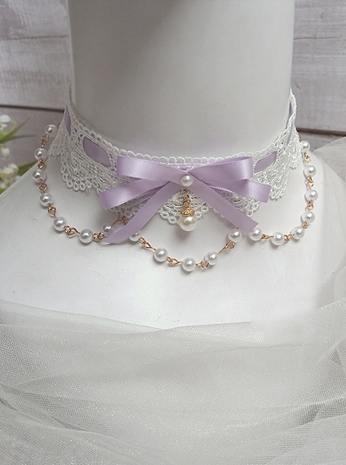 Japanese Style Gorgeous Versatile Satin Lace Ribbon Bowknot Sweet Lolita Pearl Pendant Lace Necklace