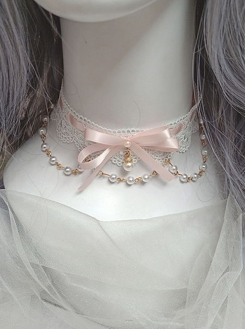 Japanese Style Gorgeous Versatile Satin Lace Ribbon Bowknot Sweet Lolita Pearl Pendant Lace Necklace