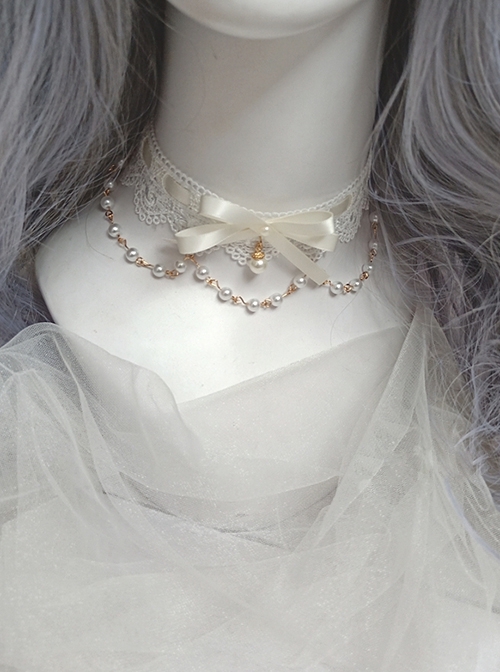 Japanese Style Gorgeous Versatile Satin Lace Ribbon Bowknot Sweet Lolita Pearl Pendant Lace Necklace