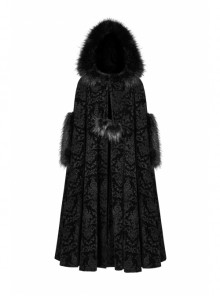 Gothic Style Gorgeous Velvet Jacquard Dark Pattern Puff Decoration Retro Black Hooded Long Cloak