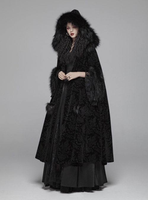 Gothic Style Gorgeous Velvet Jacquard Dark Pattern Puff Decoration Retro Black Hooded Long Cloak