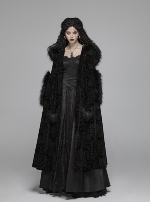 Gothic Style Gorgeous Velvet Jacquard Dark Pattern Puff Decoration Retro Black Hooded Long Cloak