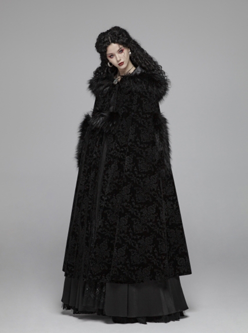 Gothic Style Gorgeous Velvet Jacquard Dark Pattern Puff Decoration Retro Black Hooded Long Cloak