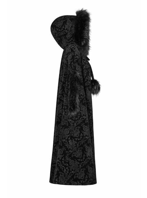 Gothic Style Gorgeous Velvet Jacquard Dark Pattern Puff Decoration Retro Black Hooded Long Cloak