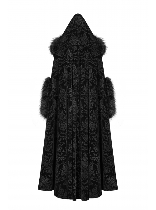 Gothic Style Gorgeous Velvet Jacquard Dark Pattern Puff Decoration Retro Black Hooded Long Cloak