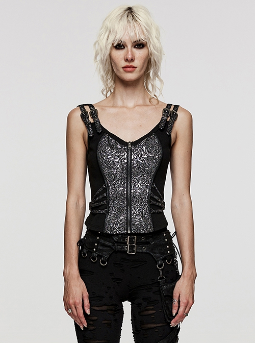 Punk Style Retro Silver Jacquard Dark Pattern Woven Drawstring Sexy Black Sleeveless Slim Vest