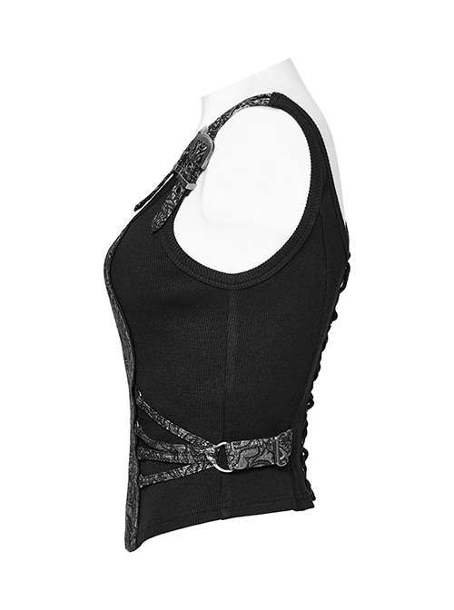 Punk Style Retro Silver Jacquard Dark Pattern Woven Drawstring Sexy Black Sleeveless Slim Vest