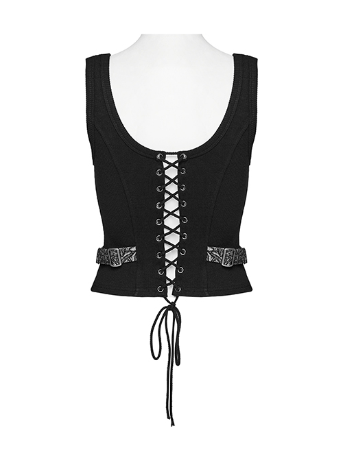 Punk Style Retro Silver Jacquard Dark Pattern Woven Drawstring Sexy Black Sleeveless Slim Vest