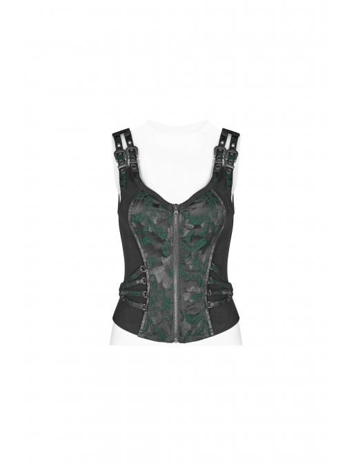 Punk Style Dark Green Jacquard Splicing Personalized Metal Buckle Cross Straps Cool Black Tight Vest