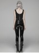 Punk Style Dark Green Jacquard Splicing Personalized Metal Buckle Cross Straps Cool Black Tight Vest