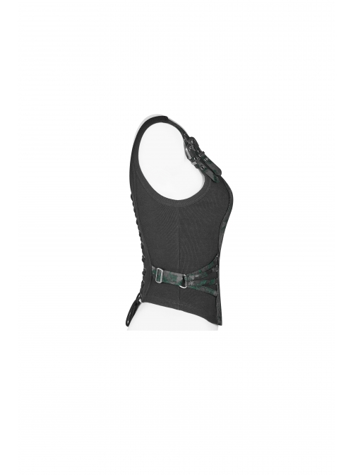 Punk Style Dark Green Jacquard Splicing Personalized Metal Buckle Cross Straps Cool Black Tight Vest