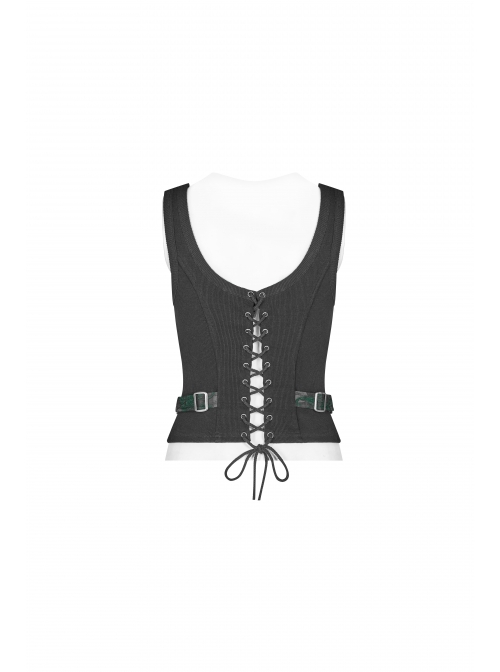 Punk Style Dark Green Jacquard Splicing Personalized Metal Buckle Cross Straps Cool Black Tight Vest