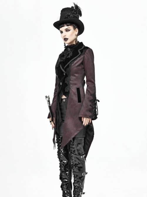 Gothic Style Personality Vertical Stripes Jacquard Fabric Front Center Applique Metal Button Cuffs Tied Wine Red Swallowtail Lace Coat