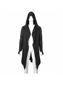 Punk Style Personality Crack Line Print Knitted Elastic Pointed Hem Black Pleated Long Sleeve Hooded Coat