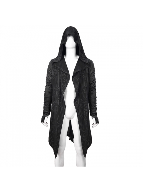 Punk Style Personality Crack Line Print Knitted Elastic Pointed Hem Black Pleated Long Sleeve Hooded Coat