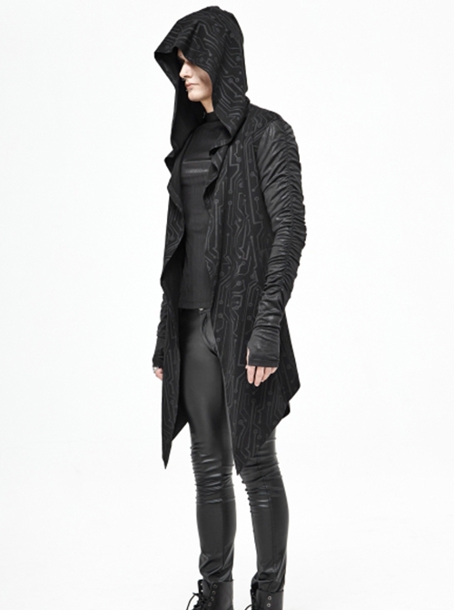 Punk Style Personality Crack Line Print Knitted Elastic Pointed Hem Black Pleated Long Sleeve Hooded Coat