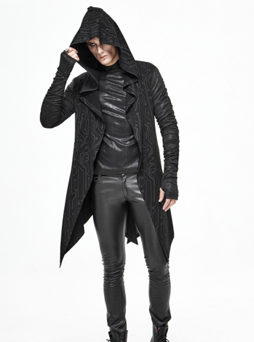 Punk Style Personality Crack Line Print Knitted Elastic Pointed Hem Black Pleated Long Sleeve Hooded Coat