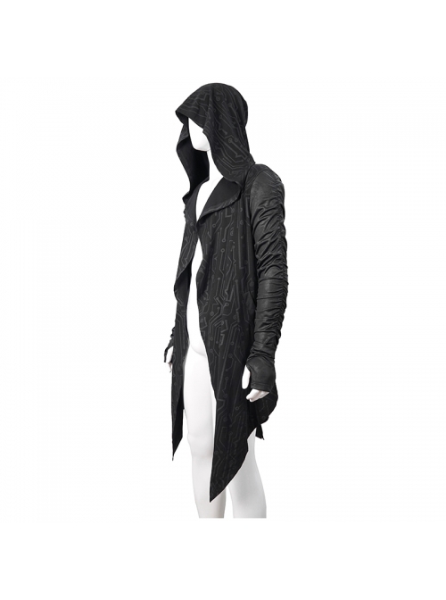 Punk Style Personality Crack Line Print Knitted Elastic Pointed Hem Black Pleated Long Sleeve Hooded Coat