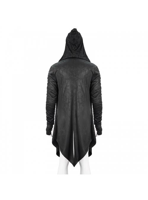 Punk Style Personality Crack Line Print Knitted Elastic Pointed Hem Black Pleated Long Sleeve Hooded Coat