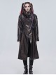 Gothic Style Exaggerated Lapel Shoulder Tie Puff Sleeves Brown Dark Pattern Long Leather Jacket