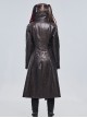 Gothic Style Exaggerated Lapel Shoulder Tie Puff Sleeves Brown Dark Pattern Long Leather Jacket