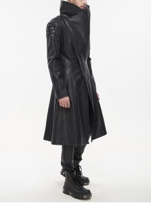 Gothic Style Exaggerated Lapel Shoulder Tie Puff Sleeves Black And Gray Dark Pattern Men's Long Leather Coat