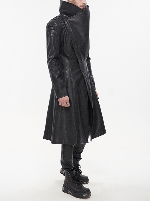 Gothic Style Exaggerated Lapel Shoulder Tie Puff Sleeves Black And Gray Dark Pattern Men's Long Leather Coat