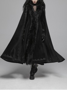 Gothic Style Luxury Cashmere Material Exquisite Embroidery Applique Cross Straps Elegant Black Cape Coat