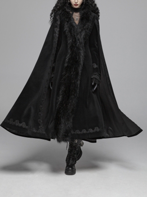 Gothic Style Luxury Cashmere Material Exquisite Embroidery Applique Cross Straps Elegant Black Cape Coat