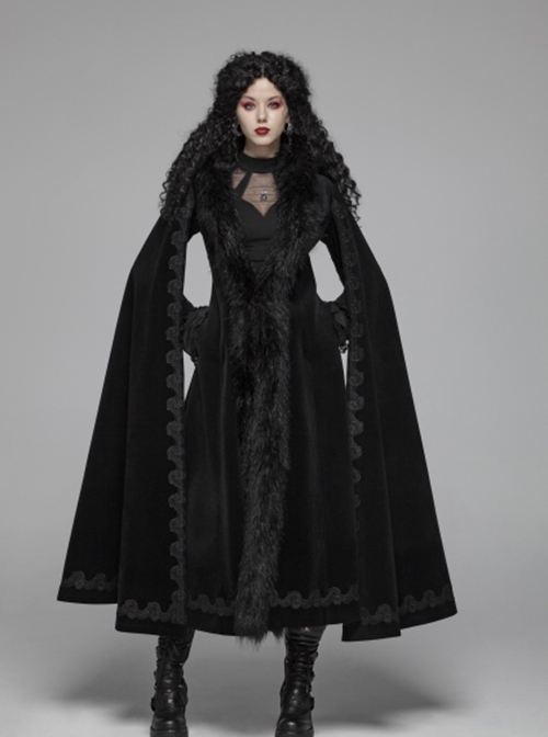 Gothic Style Luxury Cashmere Material Exquisite Embroidery Applique Cross Straps Elegant Black Cape Coat