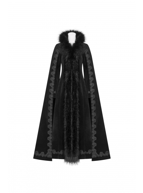 Gothic Style Luxury Cashmere Material Exquisite Embroidery Applique Cross Straps Elegant Black Cape Coat