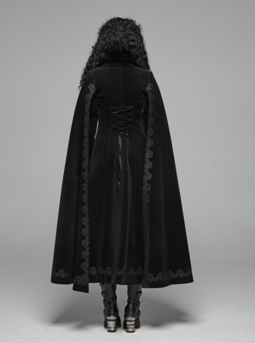 Gothic Style Luxury Cashmere Material Exquisite Embroidery Applique Cross Straps Elegant Black Cape Coat