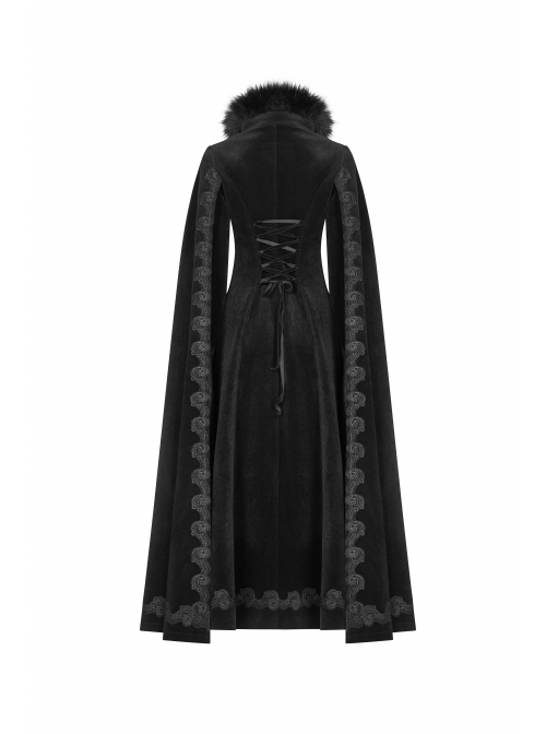 Gothic Style Luxury Cashmere Material Exquisite Embroidery Applique Cross Straps Elegant Black Cape Coat