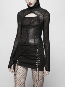 Punk Style Retro Stand Collar Exquisite Embroidery Lace Splicing Cool Metal Spike Rivets Black Tight Vest