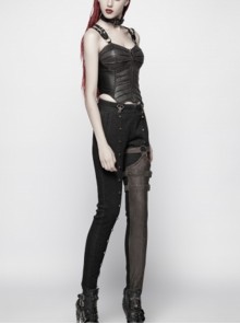 Punk Style PU Leather Splicing Dark Stripe Fabric Detachable Shoulder Straps Sexy Black Tight Tube Top Vest