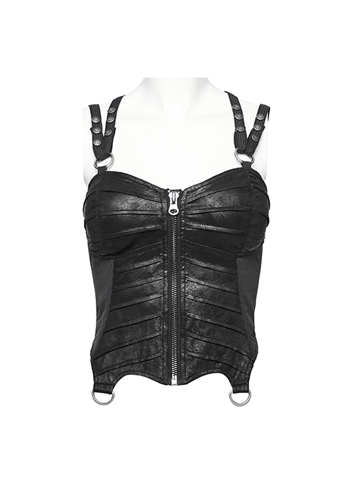 Punk Style PU Leather Splicing Dark Stripe Fabric Detachable Shoulder Straps Sexy Black Tight Tube Top Vest