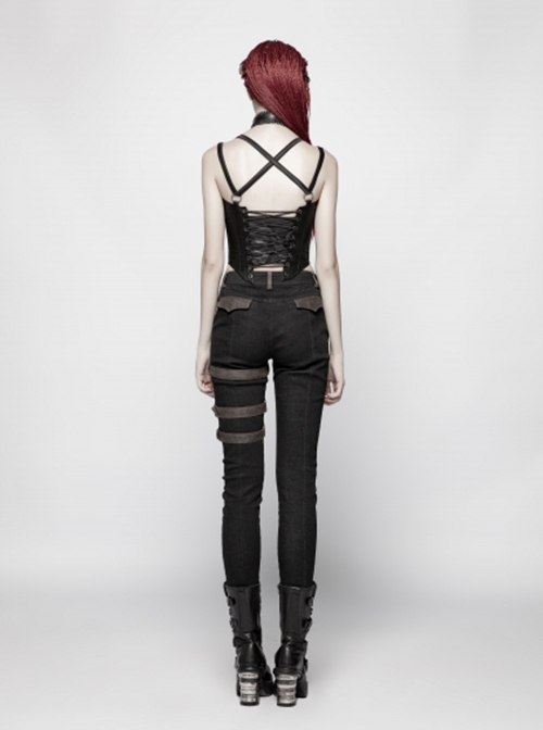 Punk Style PU Leather Splicing Dark Stripe Fabric Detachable Shoulder Straps Sexy Black Tight Tube Top Vest