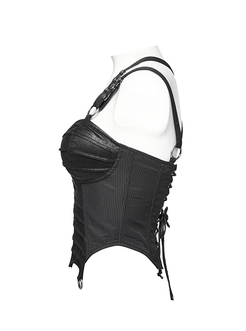 Punk Style PU Leather Splicing Dark Stripe Fabric Detachable Shoulder Straps Sexy Black Tight Tube Top Vest