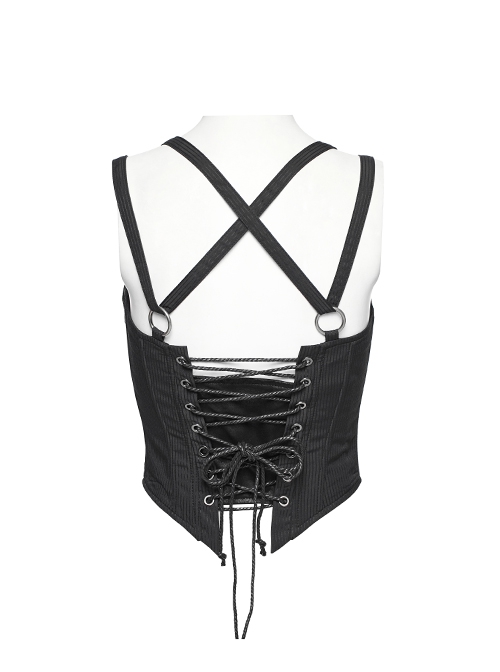 Punk Style PU Leather Splicing Dark Stripe Fabric Detachable Shoulder Straps Sexy Black Tight Tube Top Vest