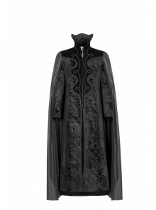 Gothic Style Stand Collar Luxury Embossed Velvet Exquisite Gem Cross Zipper Vintage Black Long Sleeves Cape Coat