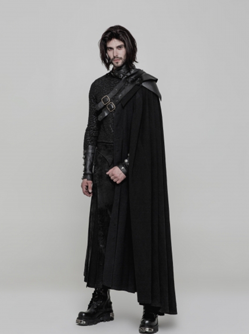 Gothic Style Unique Dark Pattern Woven Fabric Metal Button Decoration Irregular Hem Handsome Black Long Cloak