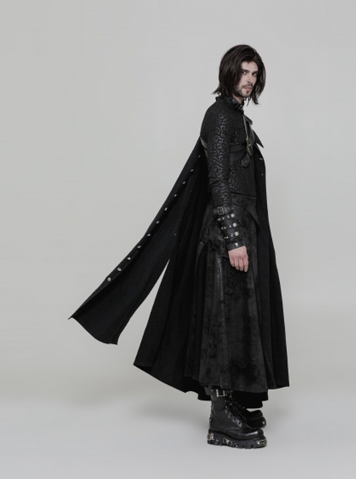 Gothic Style Unique Dark Pattern Woven Fabric Metal Button Decoration Irregular Hem Handsome Black Long Cloak