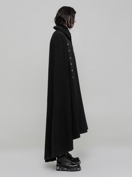 Gothic Style Unique Dark Pattern Woven Fabric Metal Button Decoration Irregular Hem Handsome Black Long Cloak